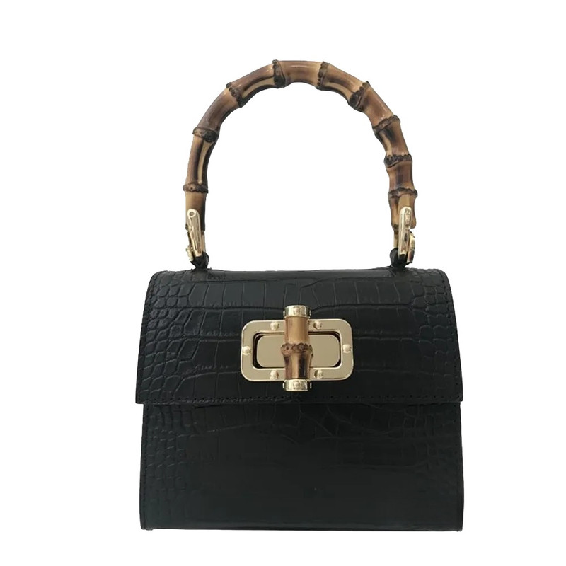 Bolso de mano de piel efecto coco con asa de bambú en color negro