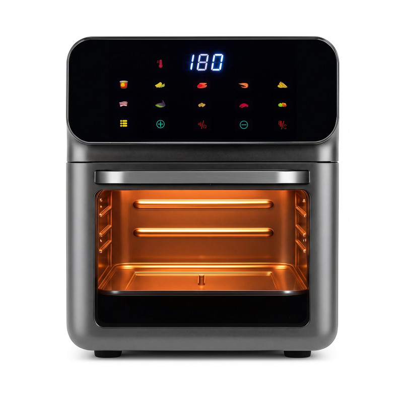 Freidora de aire tipo horno de 8,5 litros vista de frente con la cámara iluminada