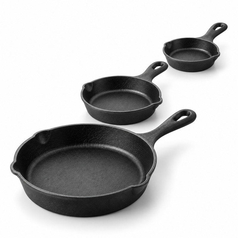 Juego de 3 sartenes de hierro fundido de 15,5, 20,5 y 25,5 cm escalonadas