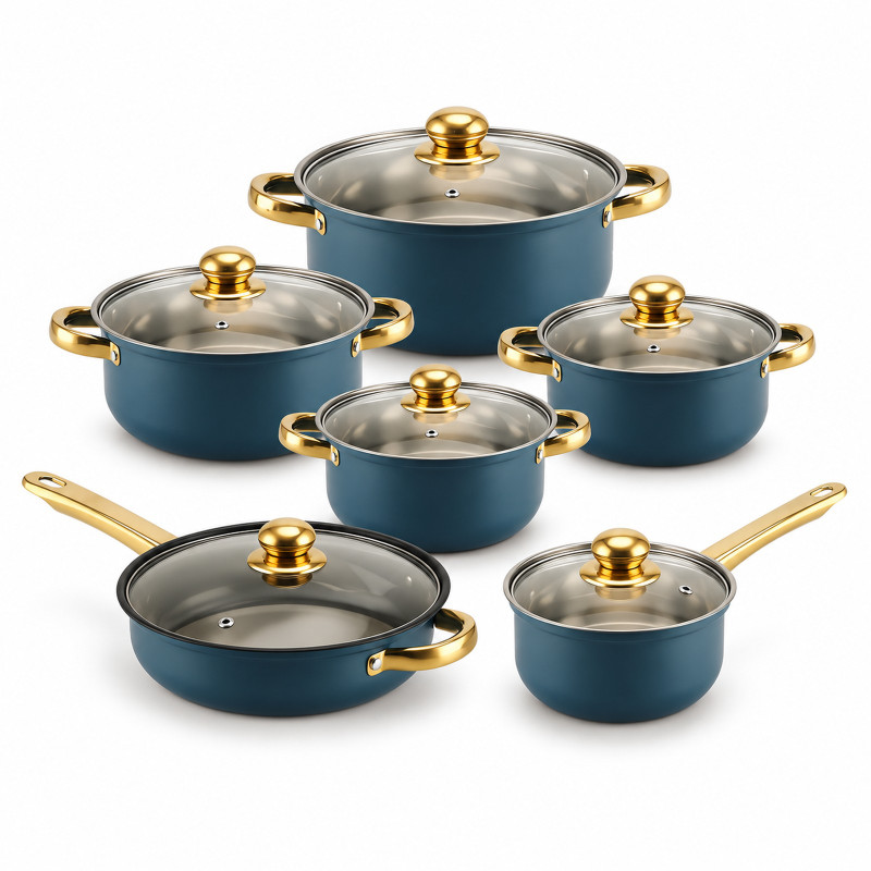 Bateria de cocina de 12 piezas azul con detalles dorados: cuatro ollas, sarten, cazo y seis tapas de cristal