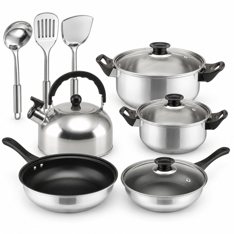 Batería de cocina de 11 piezas: dos ollas, dos sartenes antiadherentes, hervidor, tres tapas de cristal y tres utensilios