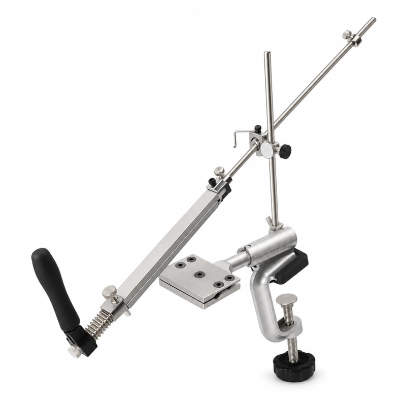 Afilador de cuchillos de mesa en metal plateado satinado con sargento, varilla guía y brazo con mango negro