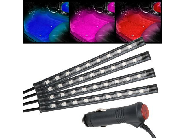 Tiras LED RGB para interior de coche · 4 tiras con mando