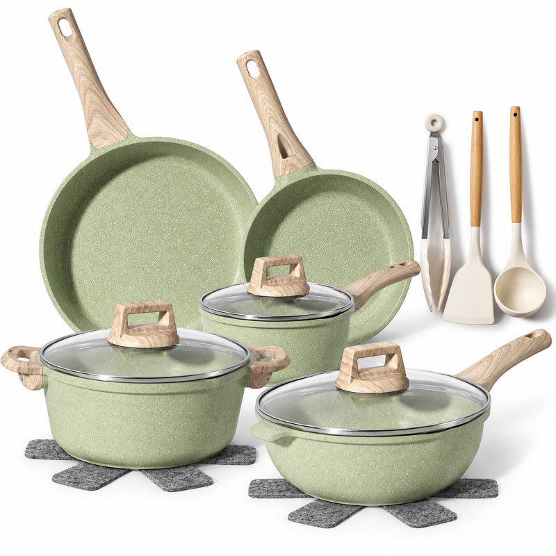 Batería de cocina de 13 piezas en verde salvia con sartenes, wok, cacerola, cazo y utensilios