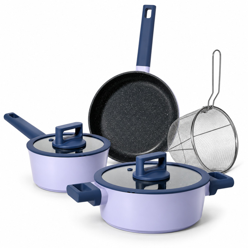 Batería de cocina de 6 piezas en lavanda con cacerola, cazo, sartén y cesta freidora