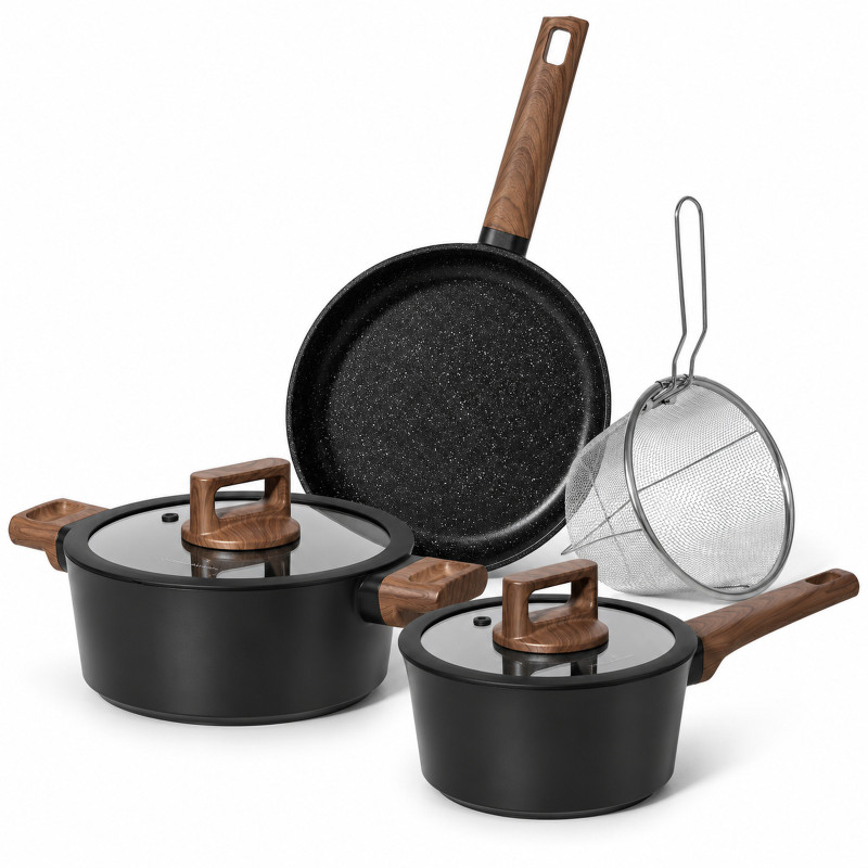 Batería de cocina de 6 piezas en negro con cacerola, cazo, sartén y cesta freidora