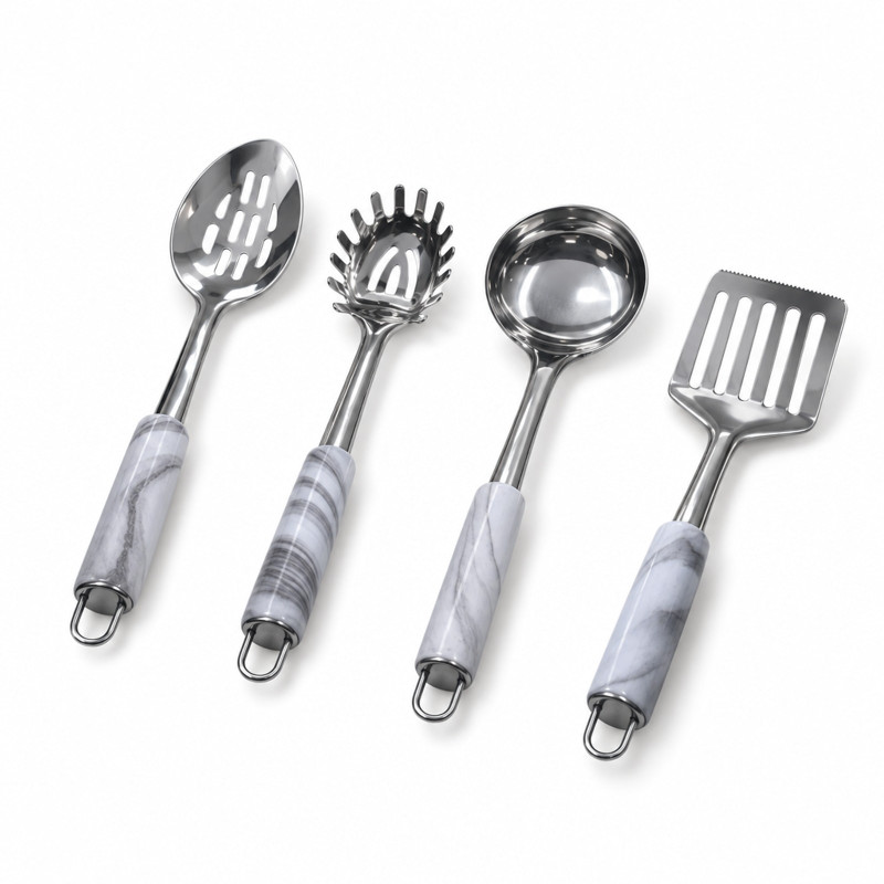 Juego de 4 utensilios de cocina en plateado espejo con mango efecto mármol blanco y gris y anilla para colgar