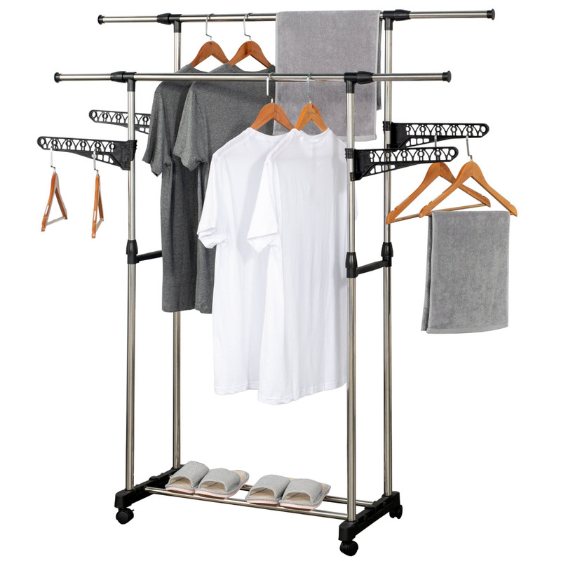 Perchero de ropa con ruedas y doble barra regulable · con ala