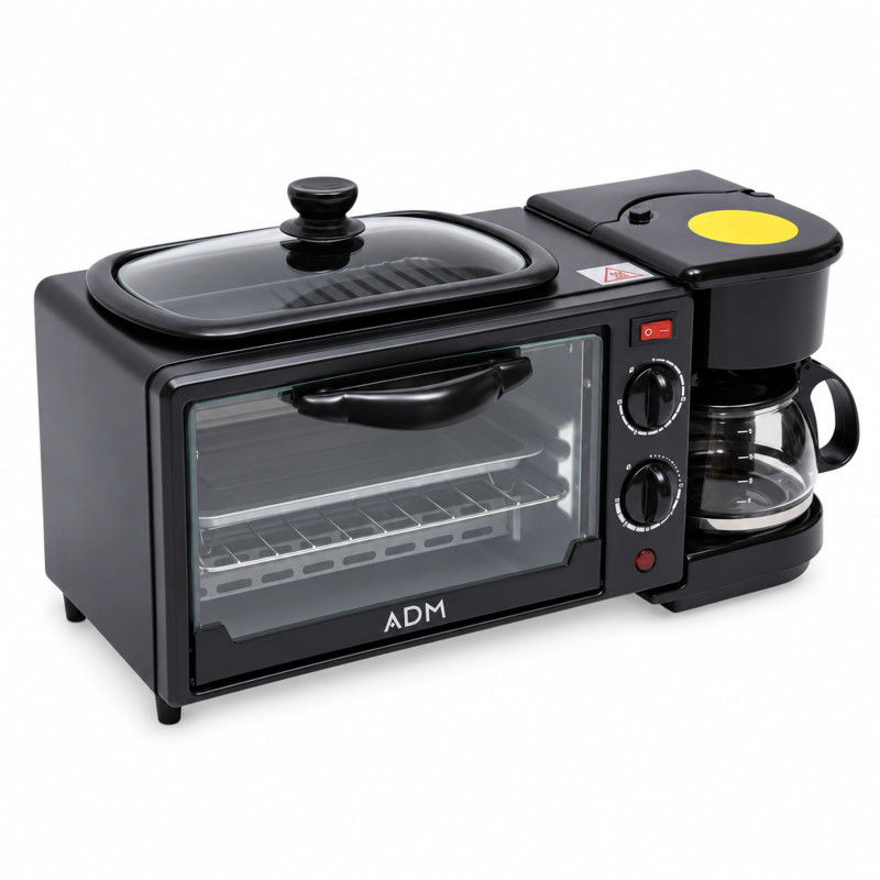 Centro de desayuno 3 en 1 ADM negro: horno, sartén con tapa de cristal y cafetera con jarra, en vista de tres cuartos