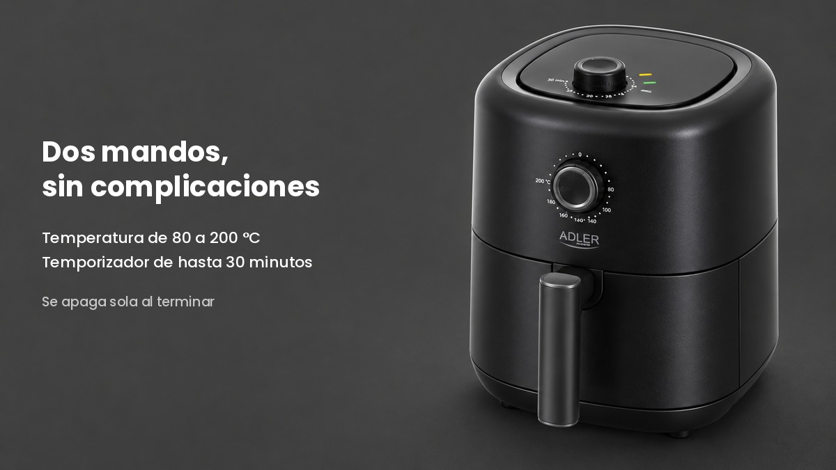 Mandos de temperatura y temporizador con sus pilotos de la freidora de aire Adler AD 6310 negra mate sobre fondo gris