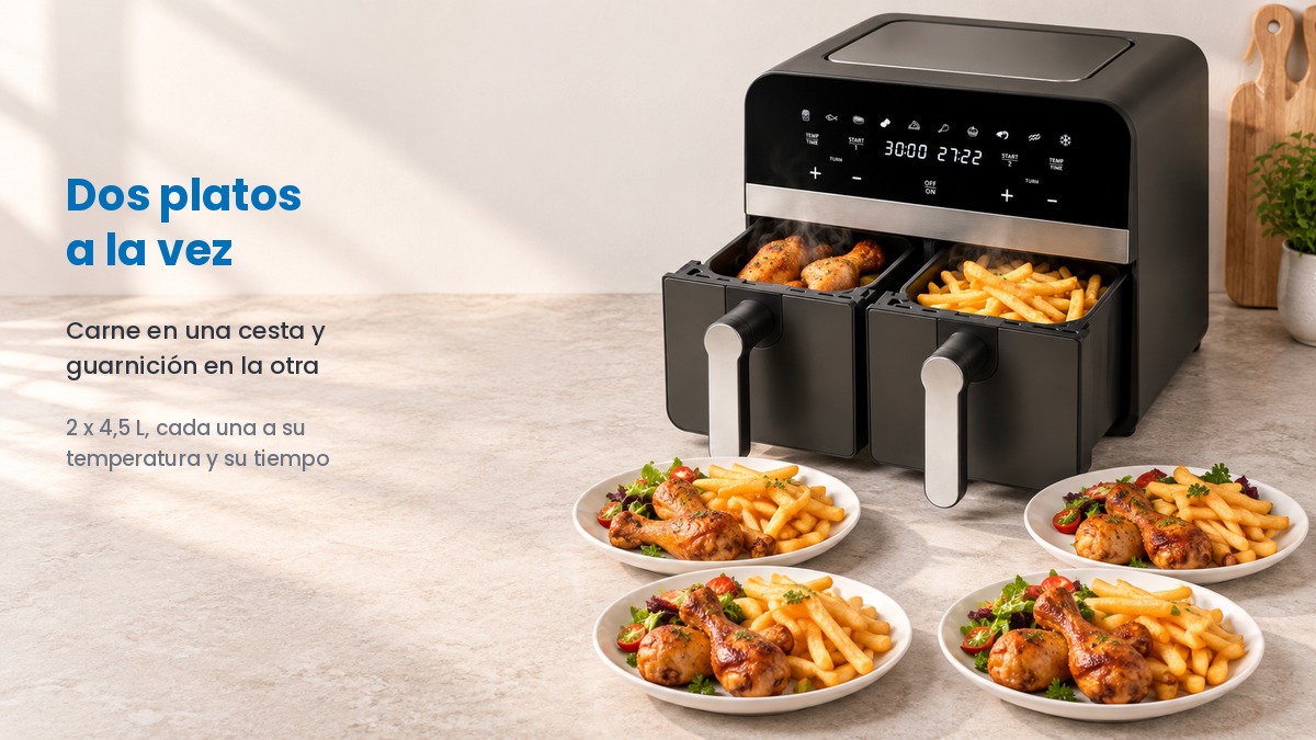 Fritadeira de ar dupla Comfy Nest cinzento grafite com os dois cestos abertos, um com frango e outro com batatas, e quatro pratos servidos
