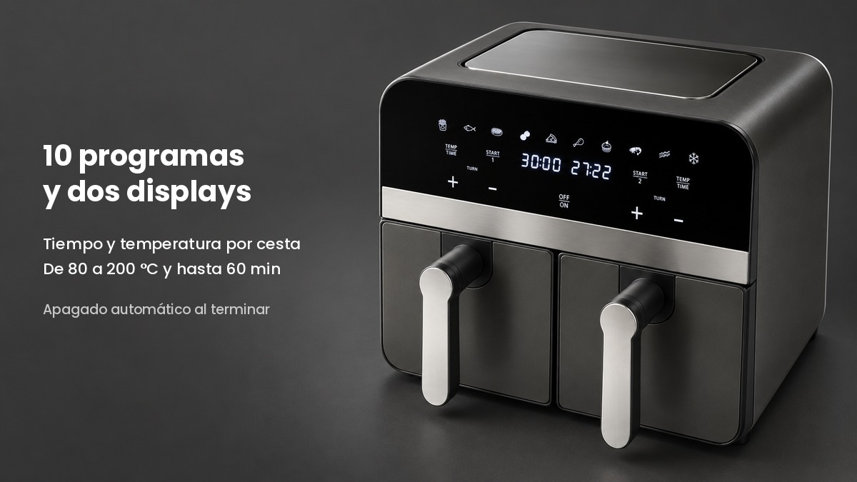 Painel tátil da fritadeira de ar dupla Comfy Nest cinzento grafite com dois ecrãs e dez programas sobre fundo cinzento