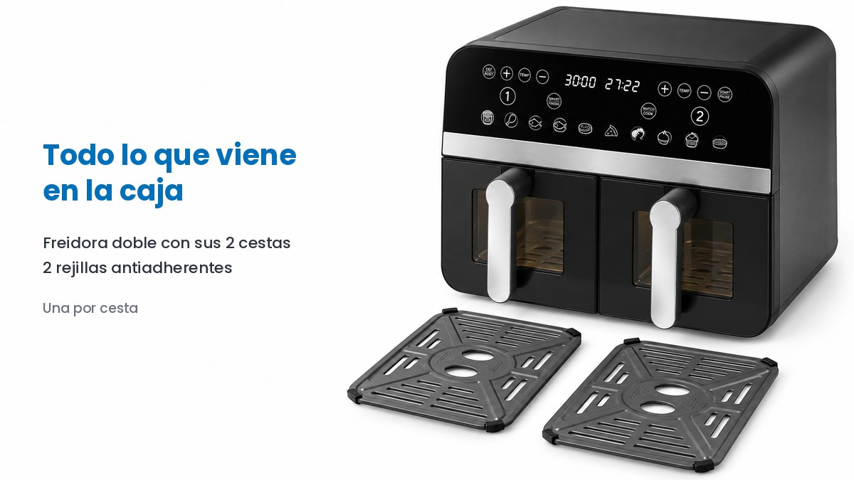 Freidora de aire doble Comfy Nest junto a sus dos rejillas rectangulares antiadherentes