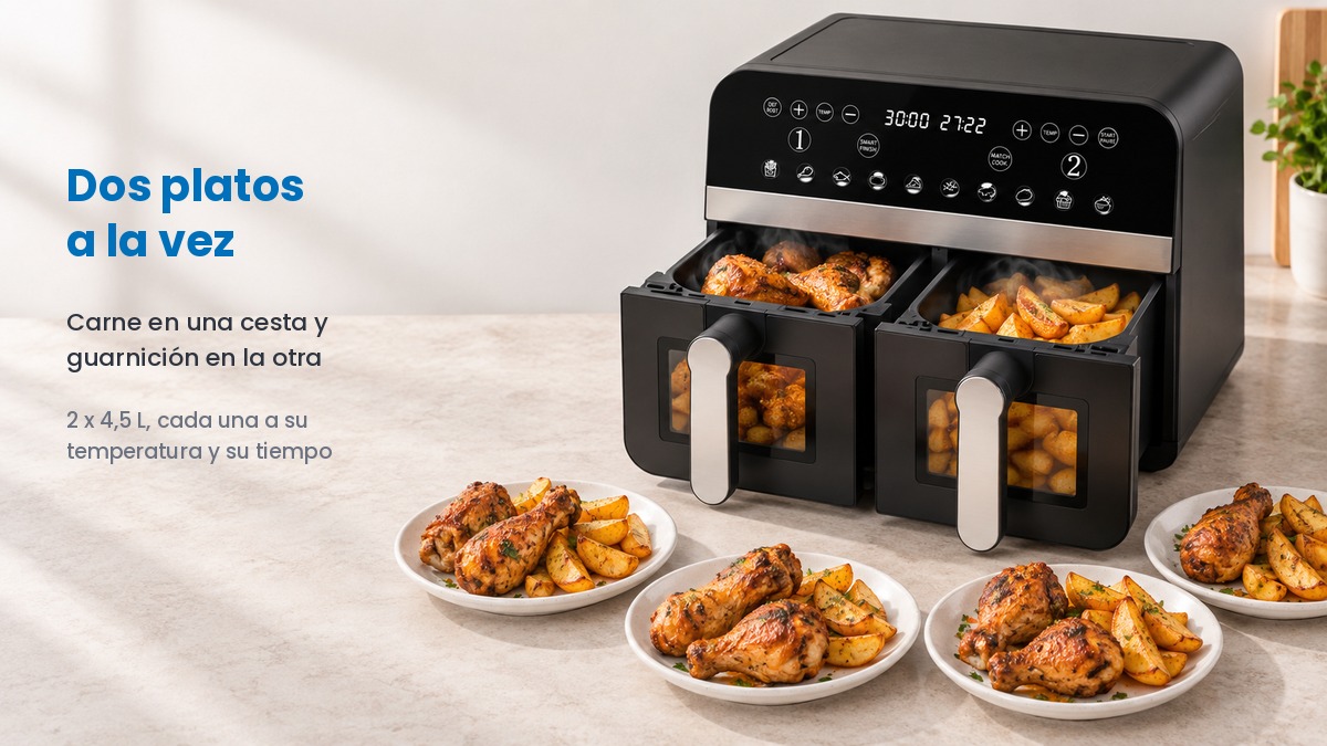 Freidora de aire doble Comfy Nest con las dos cestas abiertas, una con pollo y otra con patatas, y cuatro platos servidos