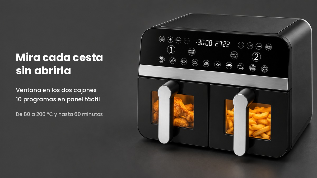 Freidora de aire doble Comfy Nest con pollo y patatas vistos a través de las dos ventanas sobre fondo gris