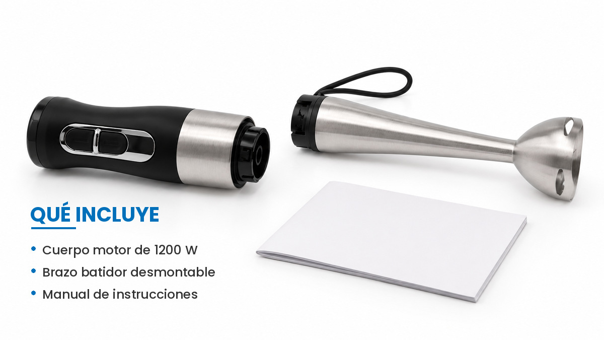 Contenido de la caja: cuerpo motor de 1200 W, brazo batidor desmontable y manual de instrucciones