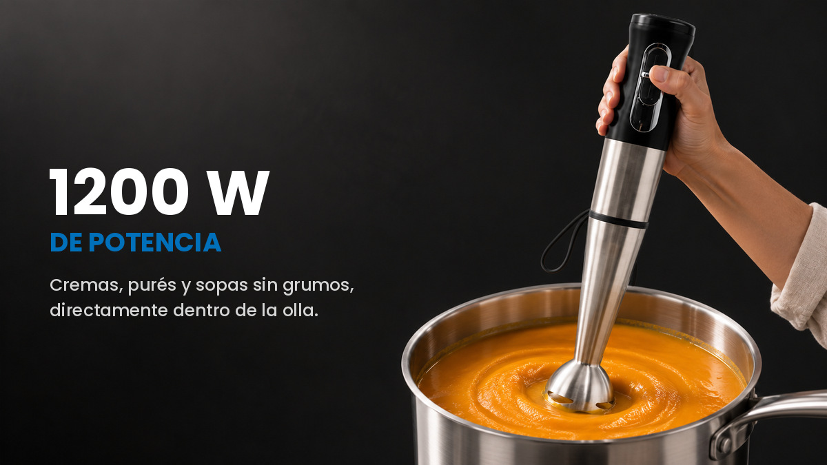 Batidora de mano de 1200 W triturando crema de verduras dentro de la olla