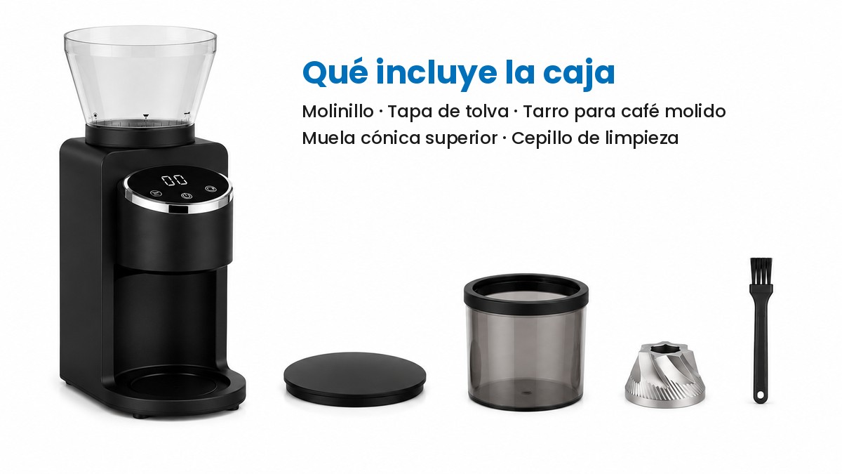 Contenido de la caja del molinillo: tapa de tolva, tarro para café molido, muela cónica superior y cepillo de limpieza