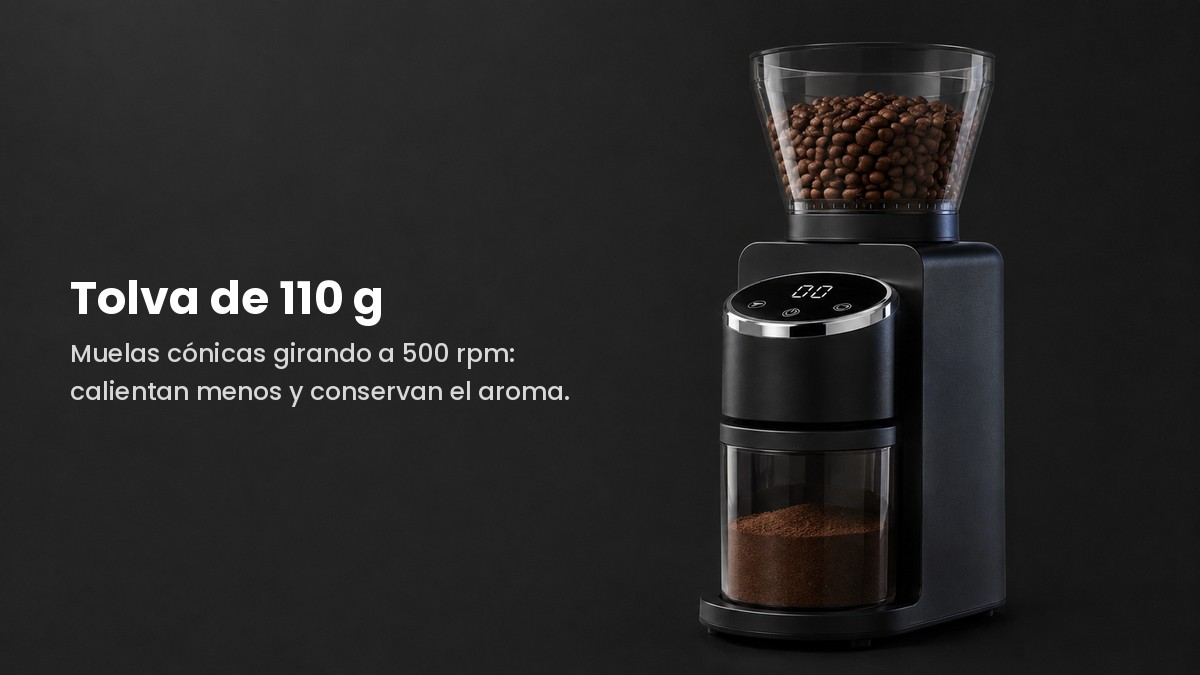 Tolva de 110 g llena de café en grano y muelas cónicas girando a 500 rpm
