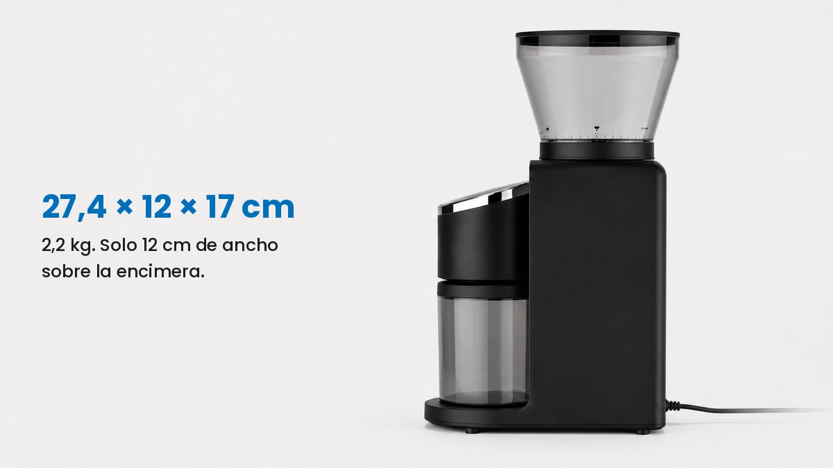 Medidas reales del molinillo de café: 27,4 x 12 x 17 cm y 2,2 kg