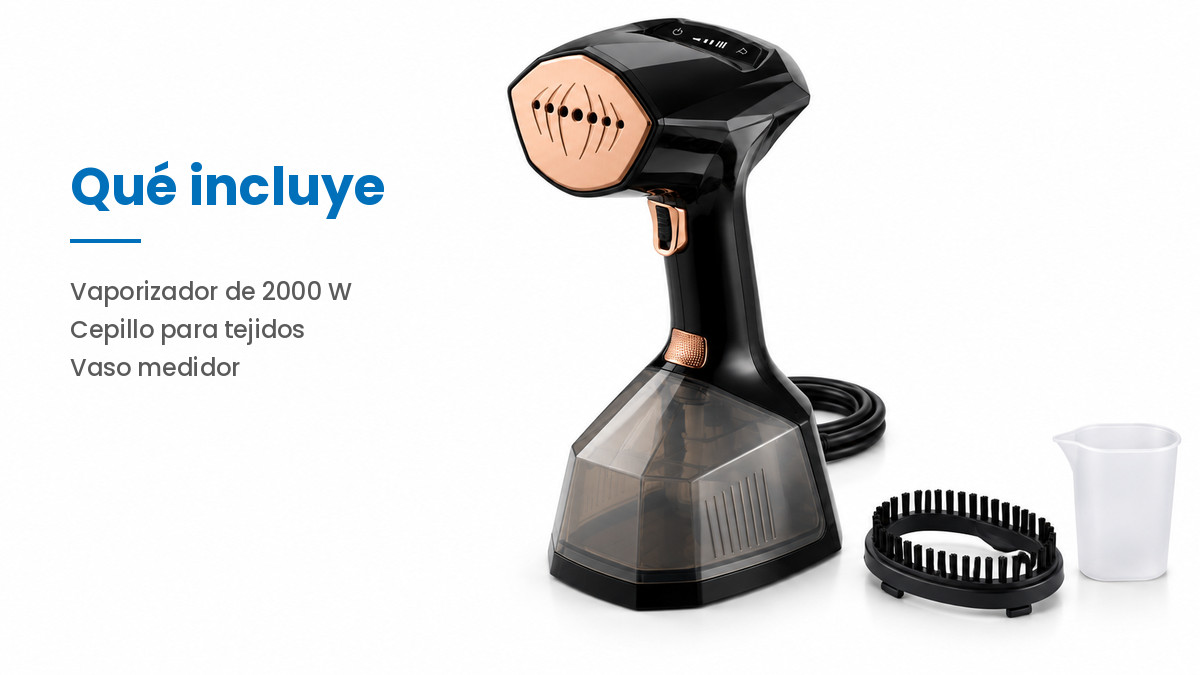 Vaporizador de ropa con el cepillo para tejidos y el vaso medidor