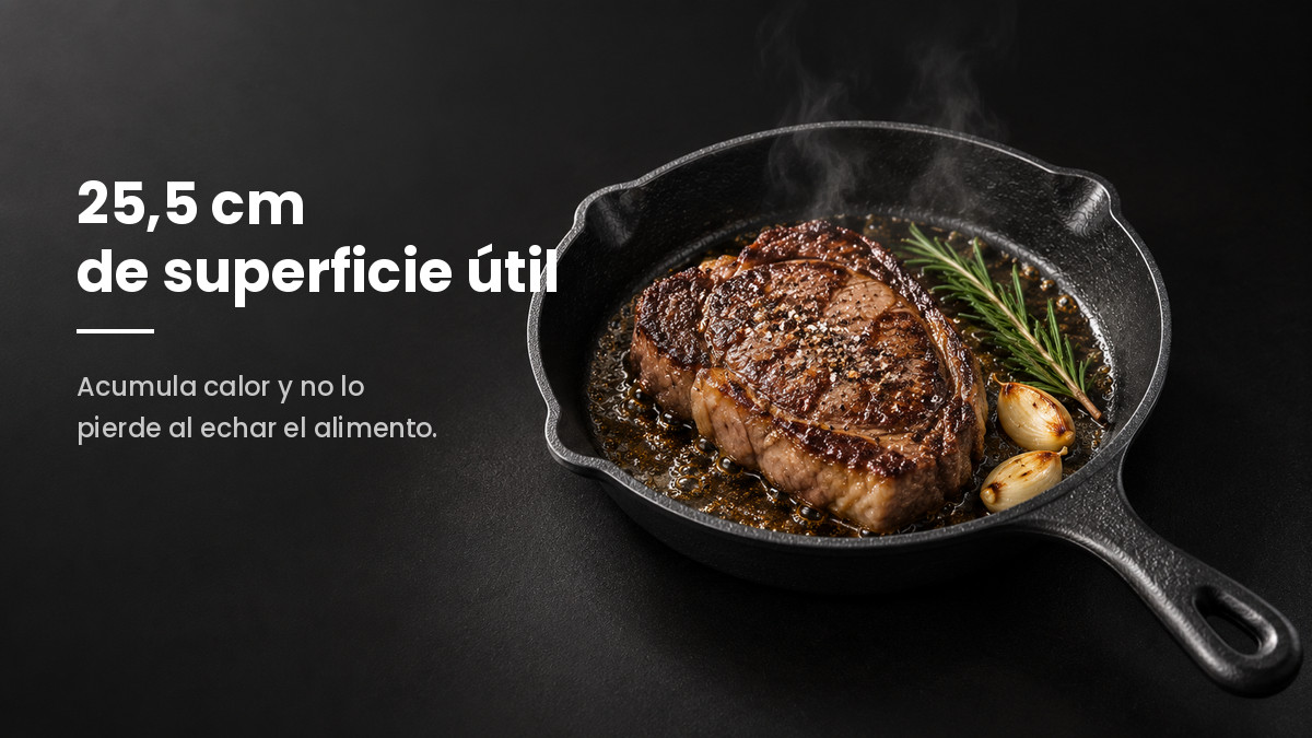 Filete sellándose en la sartén de hierro fundido de 25,5 cm