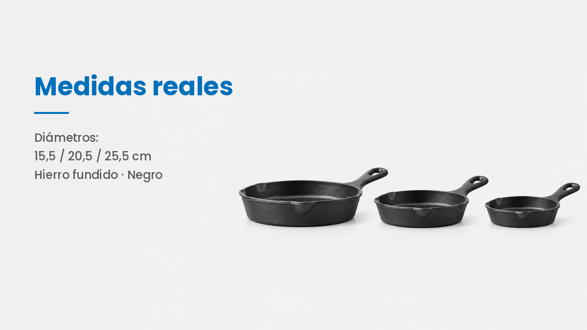 Medidas reales de las tres sartenes de hierro fundido vistas de perfil
