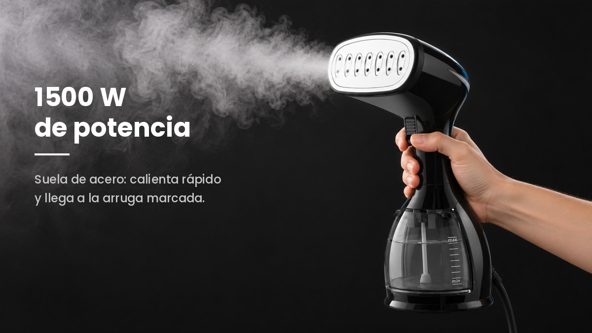 Chorro de vapor saliendo de la suela del vaporizador de 1500 W