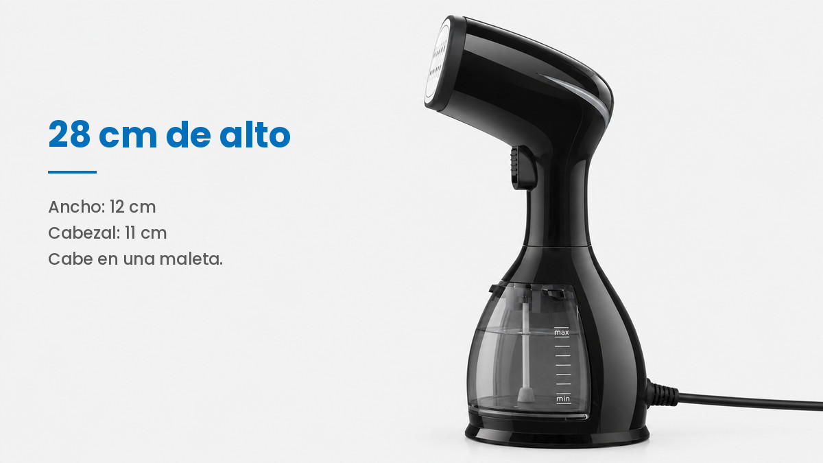 Perfil del vaporizador de ropa con sus 28 cm de alto