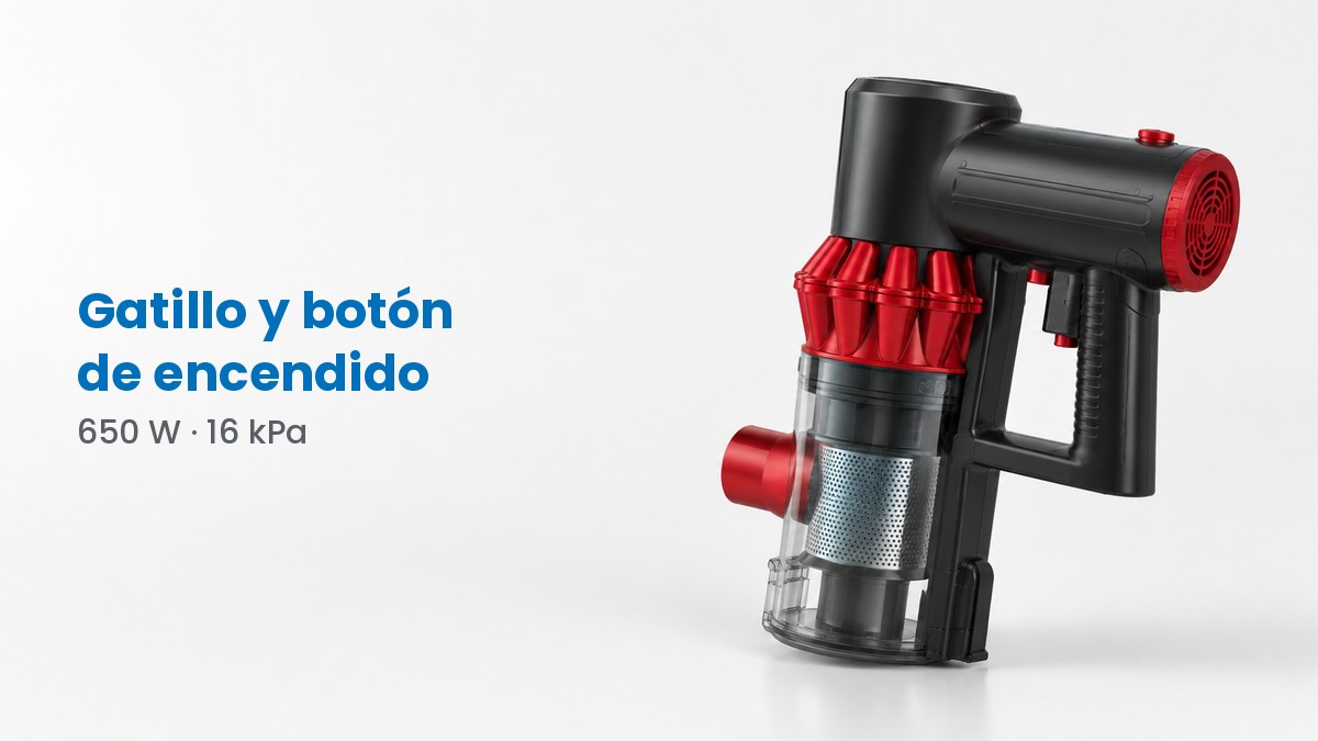 Aspirando un suelo de madera con el aspirador escoba ciclónico rojo montado con su tubo telescópico