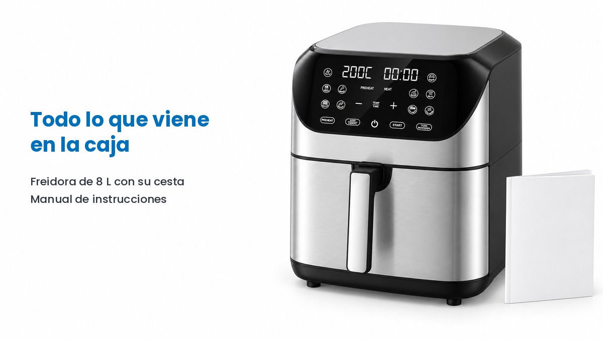Freidora de aire de 8 litros de acero inoxidable con su manual de instrucciones