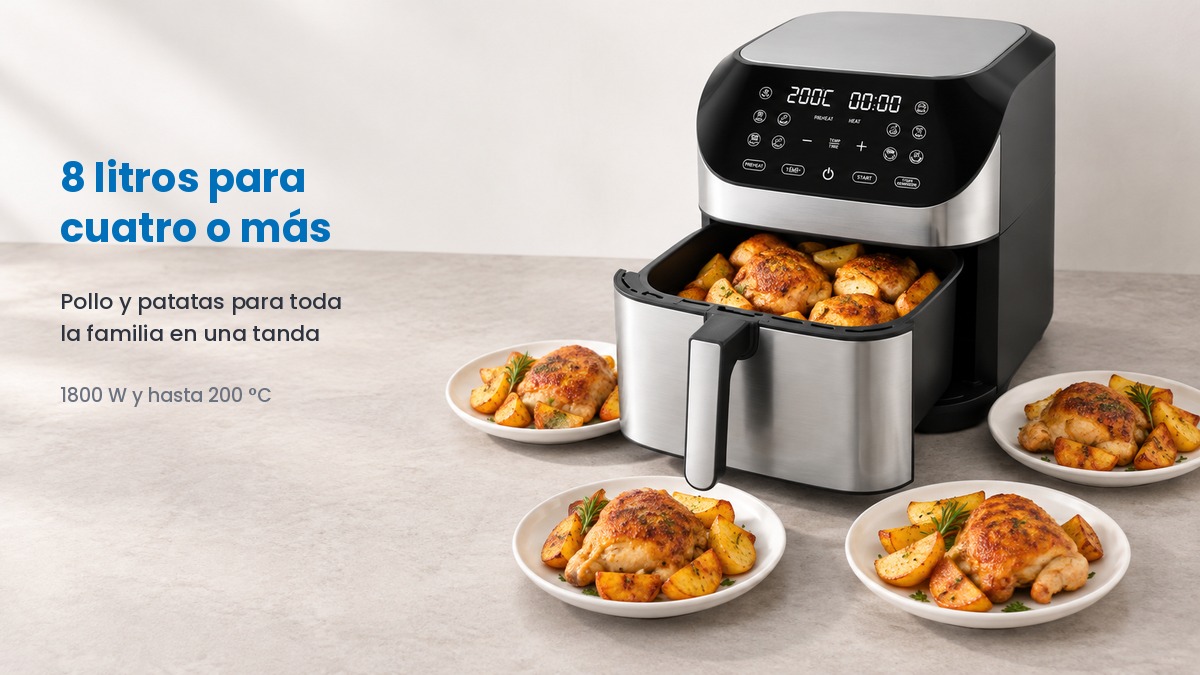 Freidora de aire de 8 litros con el cajón abierto lleno de pollo y patatas y cuatro platos servidos delante
