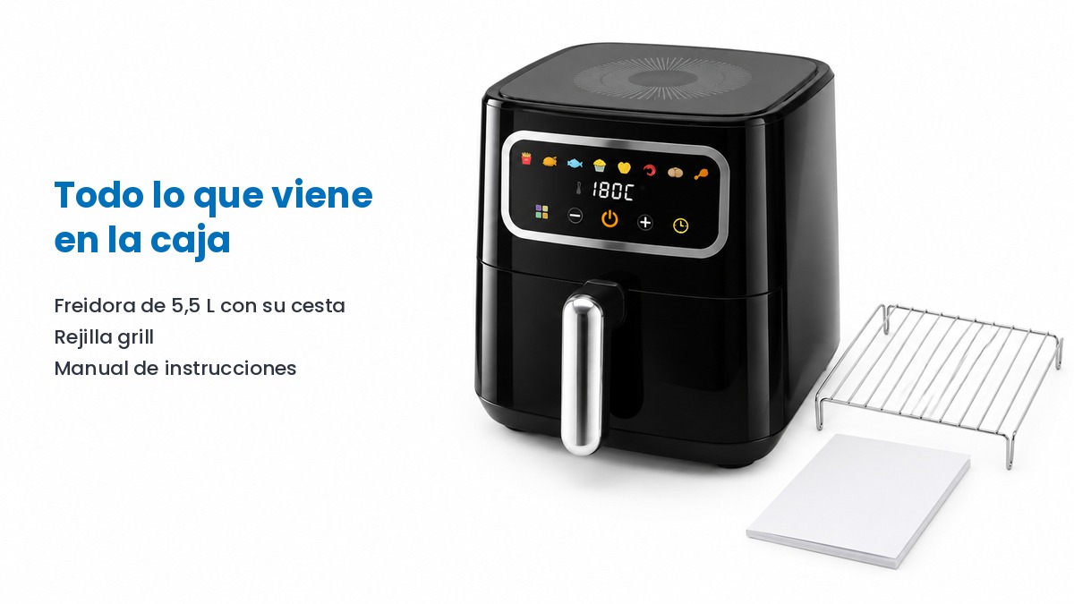 Fritadeira de ar preta de 5,5 litros junto à sua grelha e ao manual de instruções
