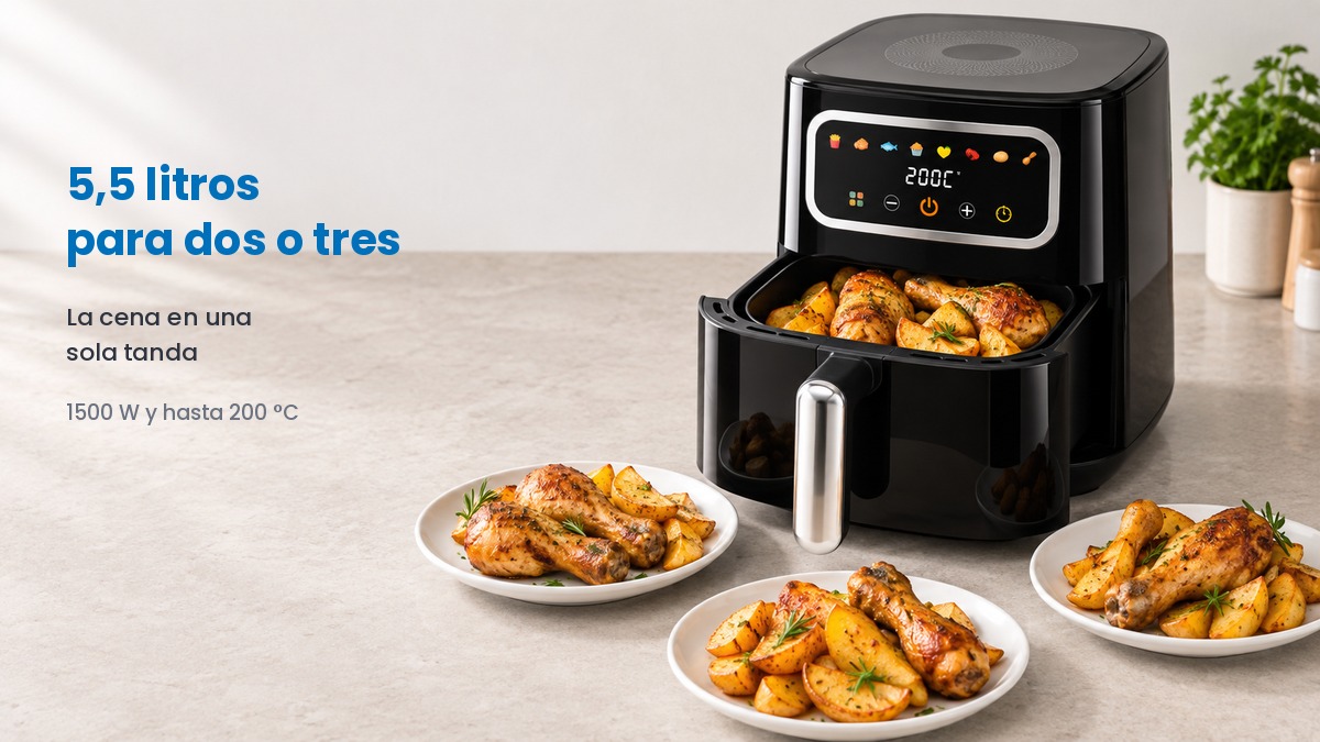 Fritadeira de ar preta com a gaveta aberta cheia de coxas de frango e batatas e três pratos servidos à frente