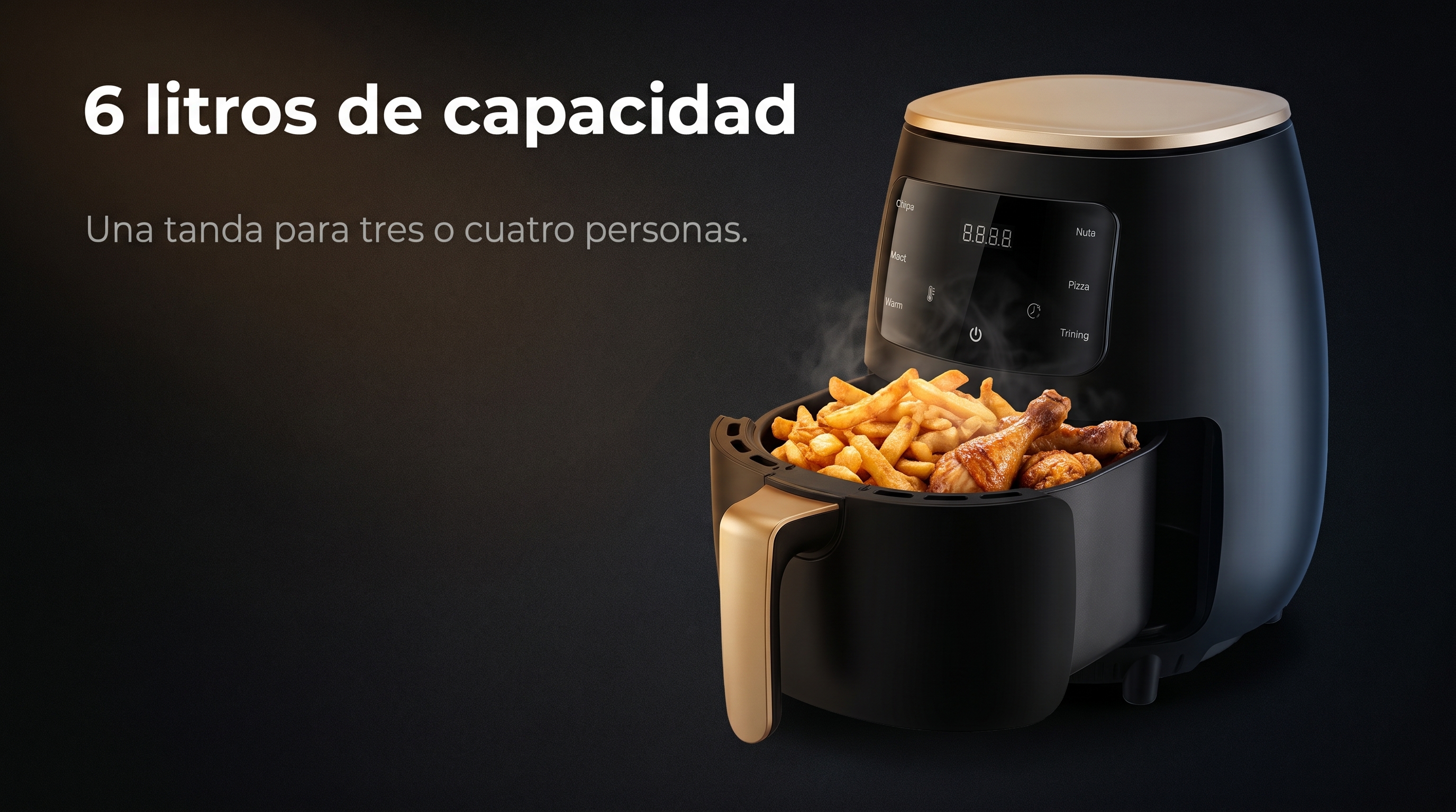 Cesta de 6 litros llena de patatas y muslos de pollo para tres o cuatro personas