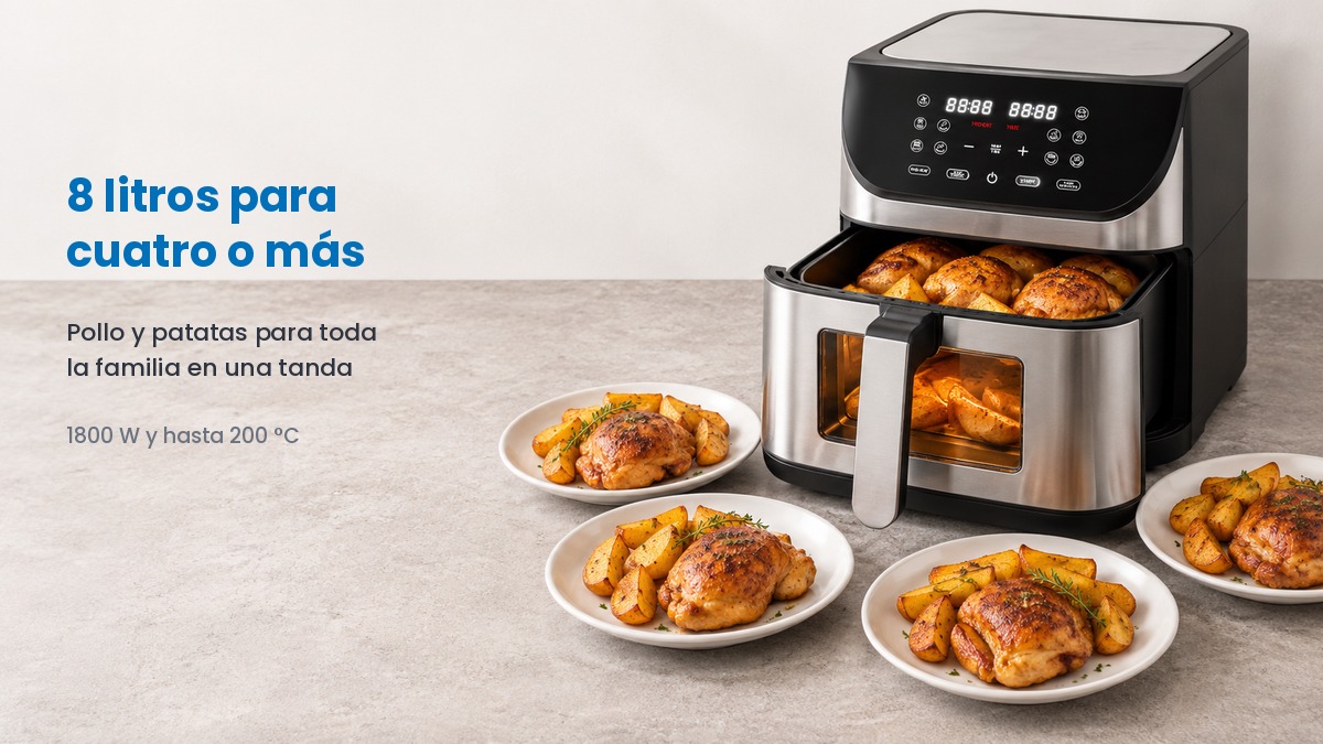 Freidora de aire XXL con el cajón abierto lleno de pollo y patatas y cuatro platos servidos delante
