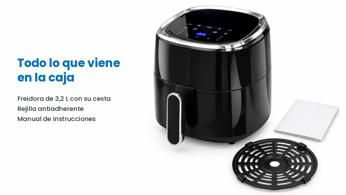Fritadeira de ar preta de 3,2 litros junto à sua grelha antiaderente e ao manual de instruções