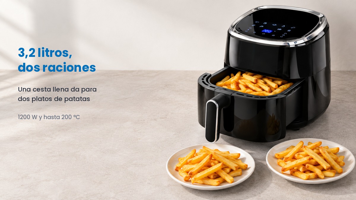 Fritadeira de ar preta com o cesto aberto cheio de batatas fritas e dois pratos servidos à frente