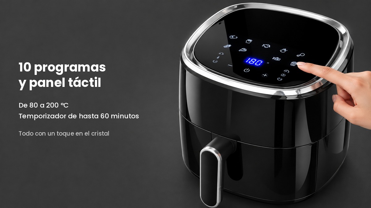 Dedo a premir um programa no painel tátil da fritadeira de ar com o display azul a 180 graus