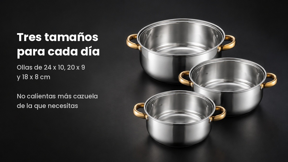 Las tres ollas sin tapa mostrando su capacidad sobre fondo oscuro
