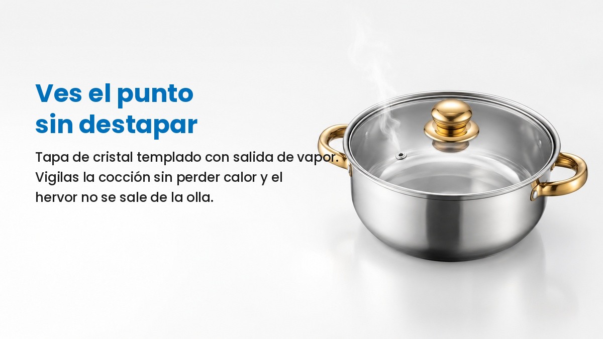 Olla con la tapa de cristal templado puesta y el vapor saliendo por el orificio