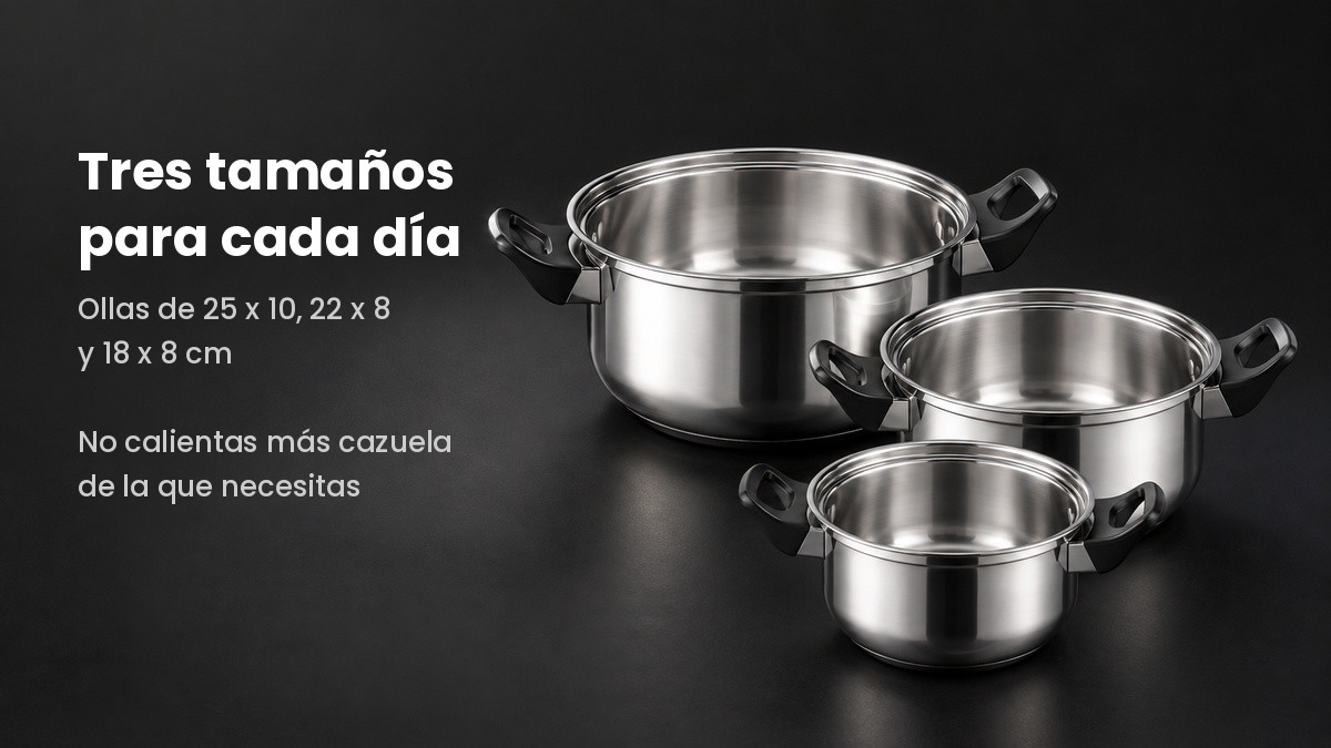 Las tres ollas sin tapa mostrando su capacidad sobre fondo oscuro