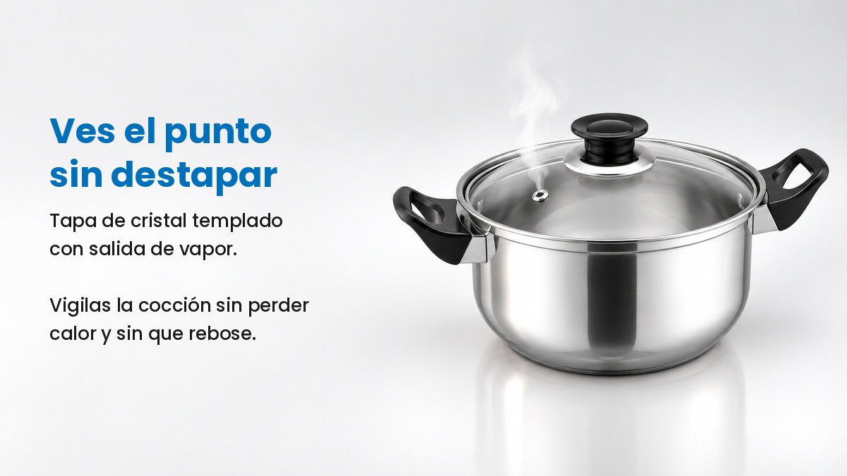 Olla con la tapa de cristal templado puesta y el vapor saliendo por el orificio