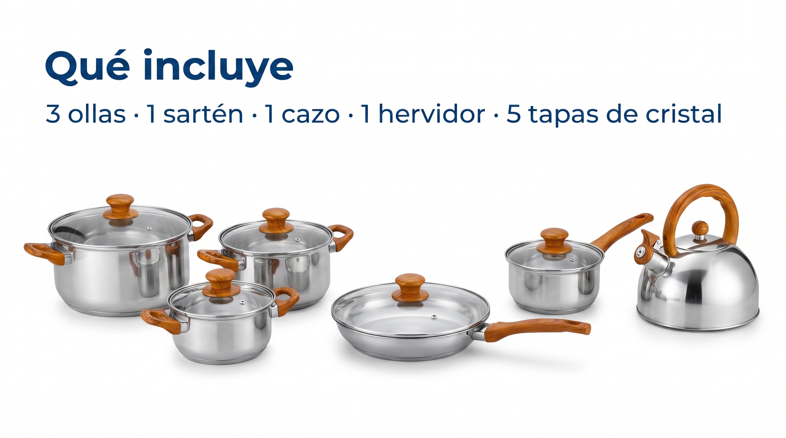 Qu&eacute; incluye la bater&iacute;a de cocina de 11 piezas: 3 ollas, sart&eacute;n, cazo, hervidor y 5 tapas de cristal