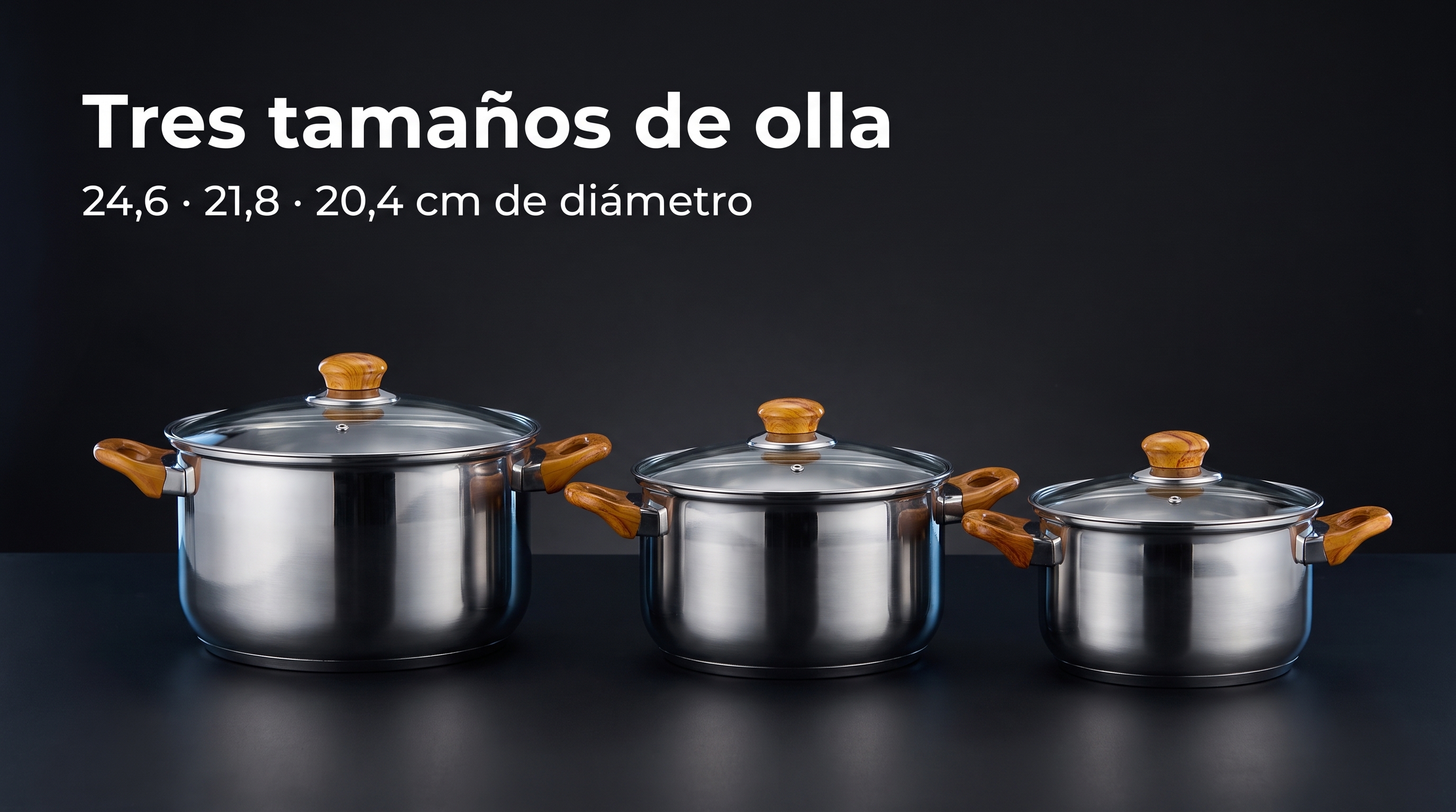 Tres tama&ntilde;os de olla de 24,6, 21,8 y 20,4 cm de di&aacute;metro