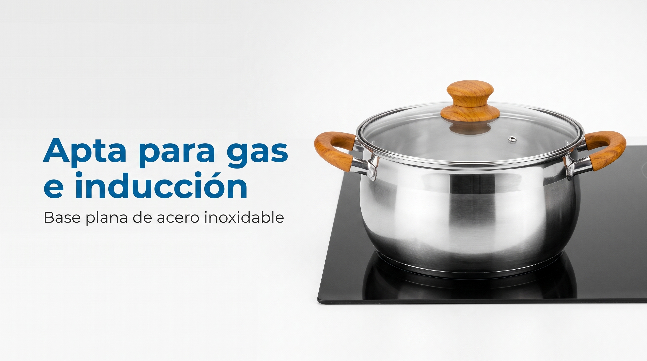 Bater&iacute;a apta para cocinas de gas e inducci&oacute;n con base plana de acero inoxidable