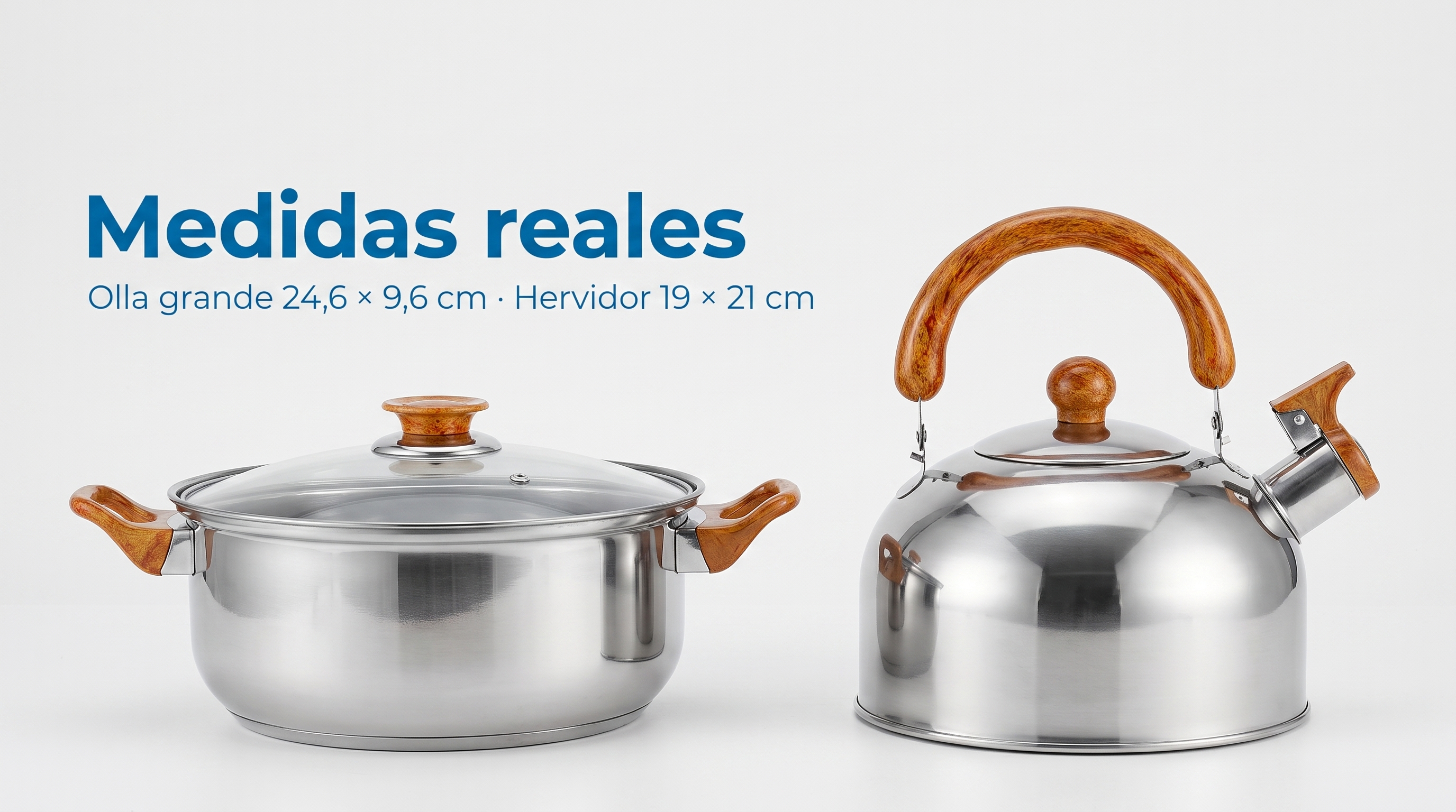 Medidas reales: olla grande de 24,6 &times; 9,6 cm y hervidor de 19 &times; 21 cm