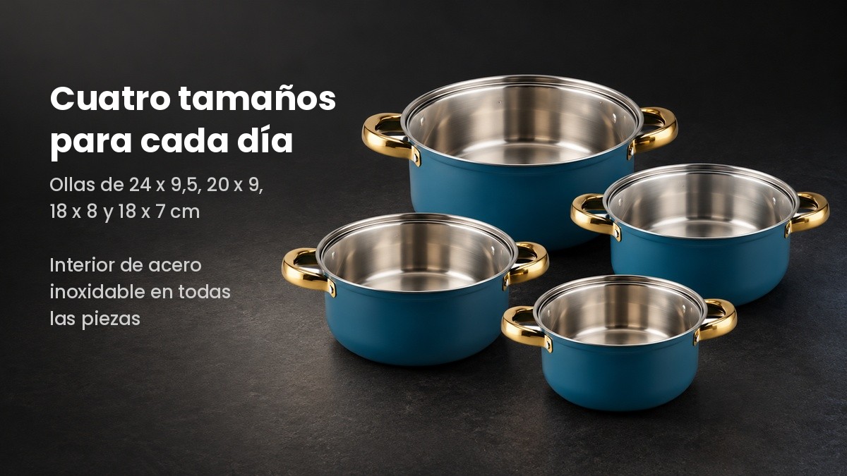 Las cuatro ollas sin tapa mostrando su interior de acero inoxidable