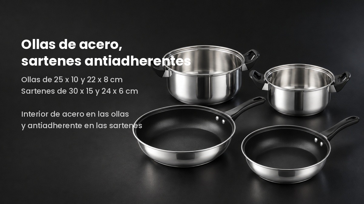 Las dos ollas de acero y las dos sartenes antiadherentes sobre fondo oscuro
