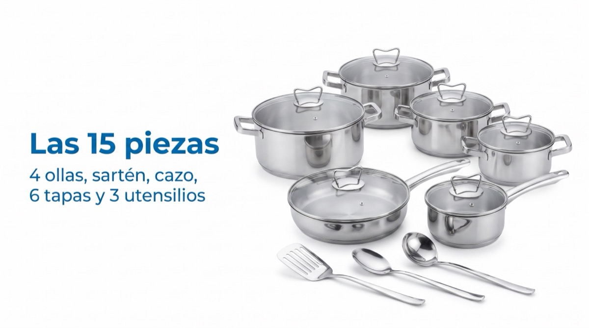 Las 15 piezas de la bater&iacute;a de cocina: 4 ollas, sart&eacute;n, cazo, 6 tapas y 3 utensilios de servir